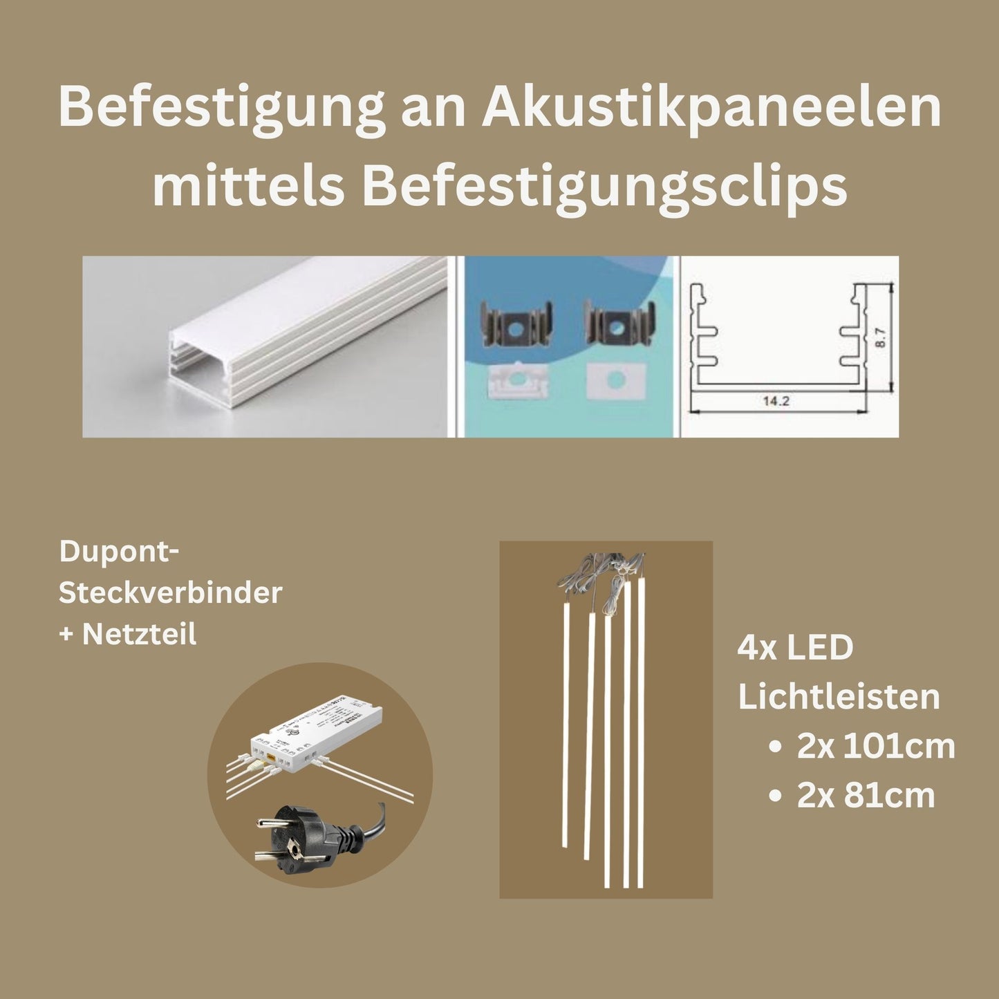 LED Lichtleiste für Akustikpaneele – 4er Set, 3000K Warmweiß inkl. Netzteil