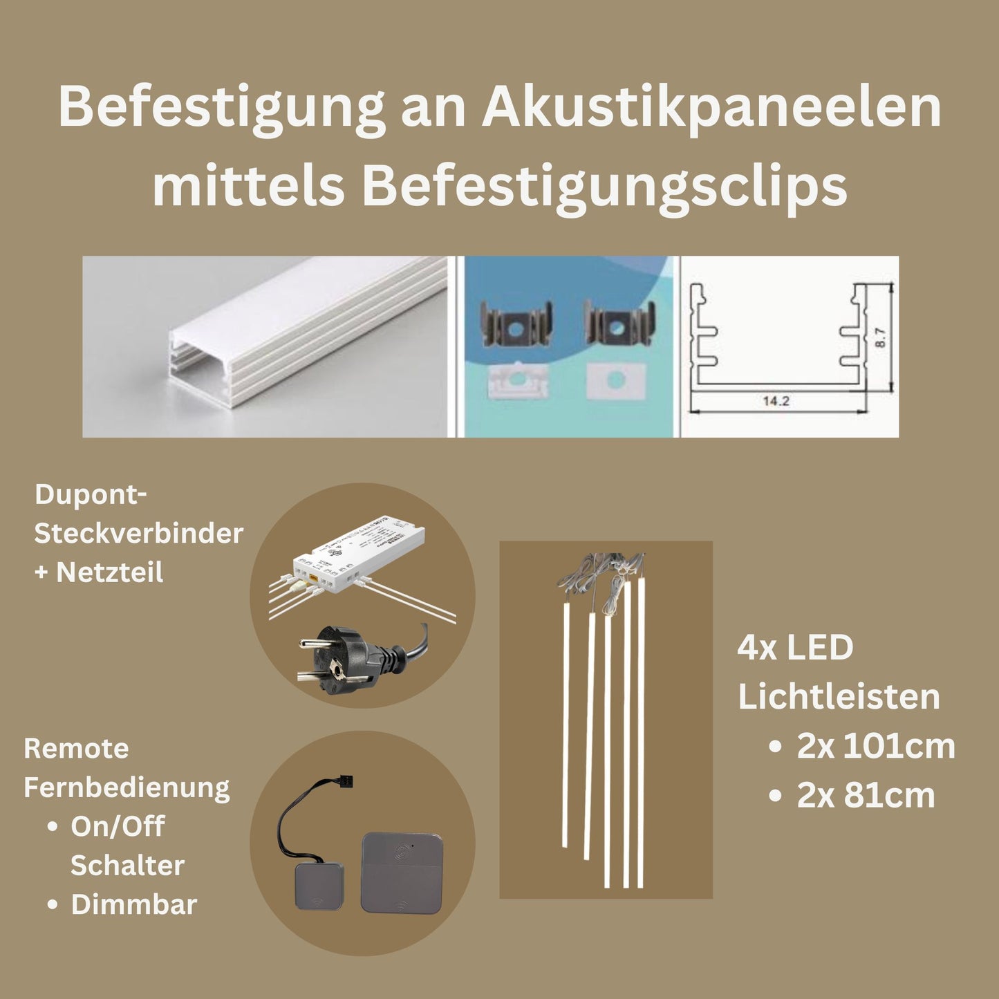 LED Lichtleiste aus Aluminium für Akustikpaneele – 4er Set, 3000K Warmweiß inkl. Netzteil