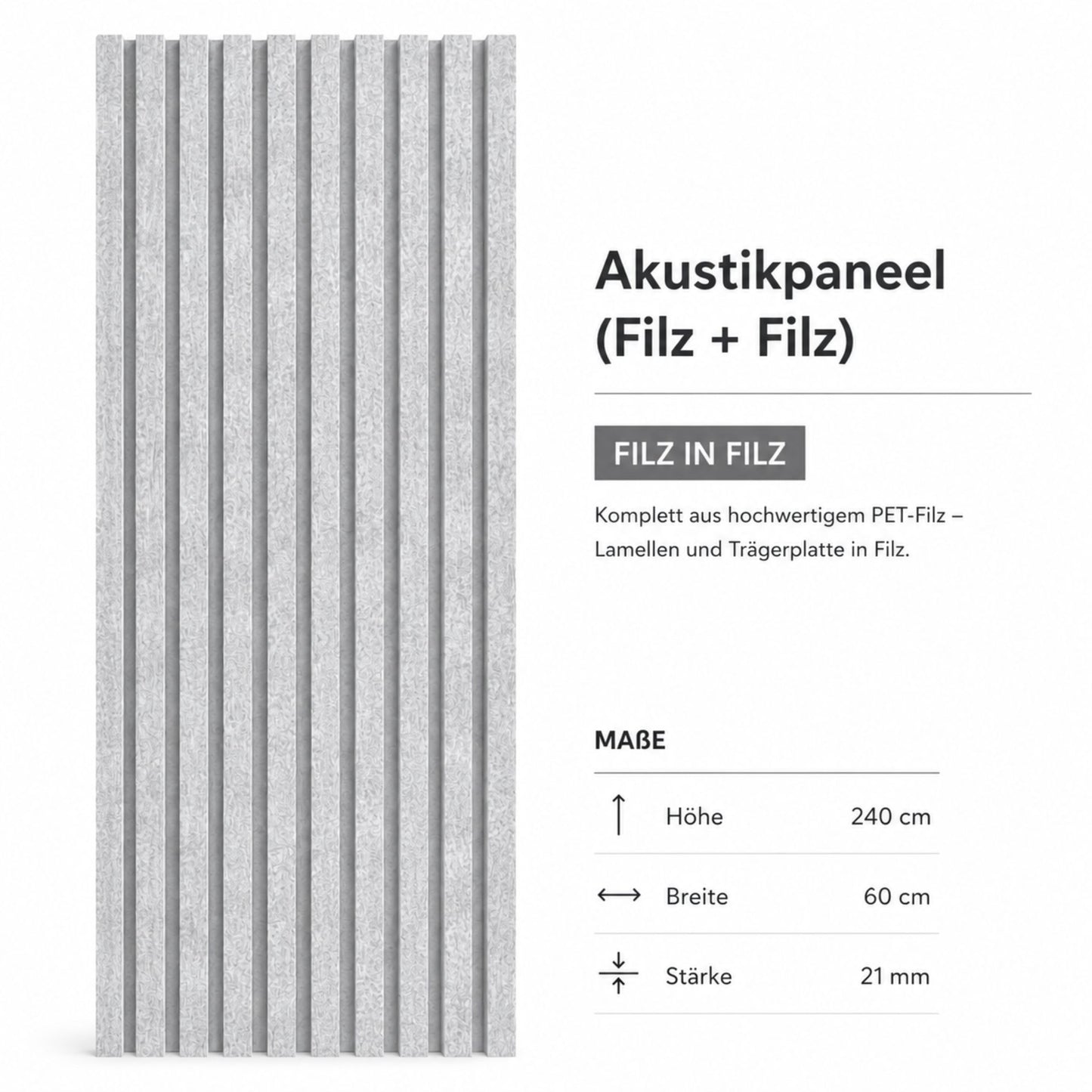 Akustikpaneel Filz in Filz – Minimalistische Akustiklösung - 240cm x 60cm x 21mm