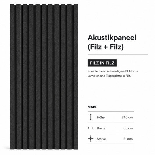 Akustikpaneel Filz in Filz – Minimalistische Akustiklösung - 240cm x 60cm x 21mm