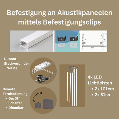 LED Lichtleiste aus Aluminium für Akustikpaneele – 4er Set, 3000K Warmweiß inkl. Netzteil